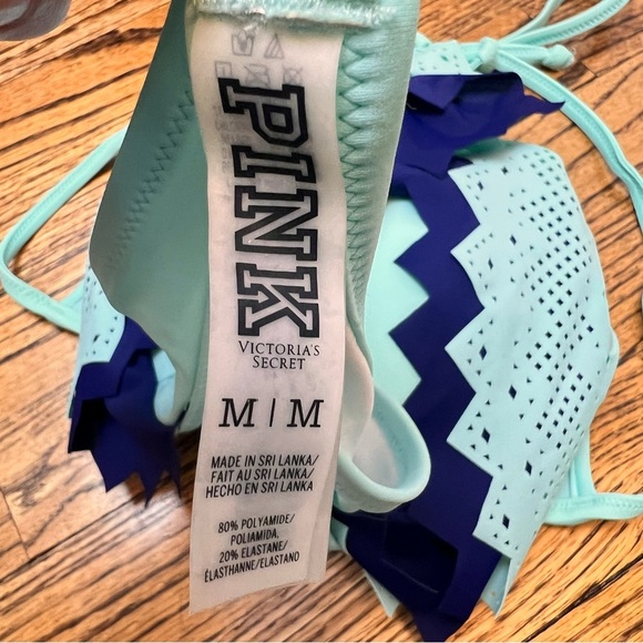 PINK Victorias Secret Size Medium Blue Teal Bikini Swimsuit Top Geometric Ruffle - Picture 4 of 5